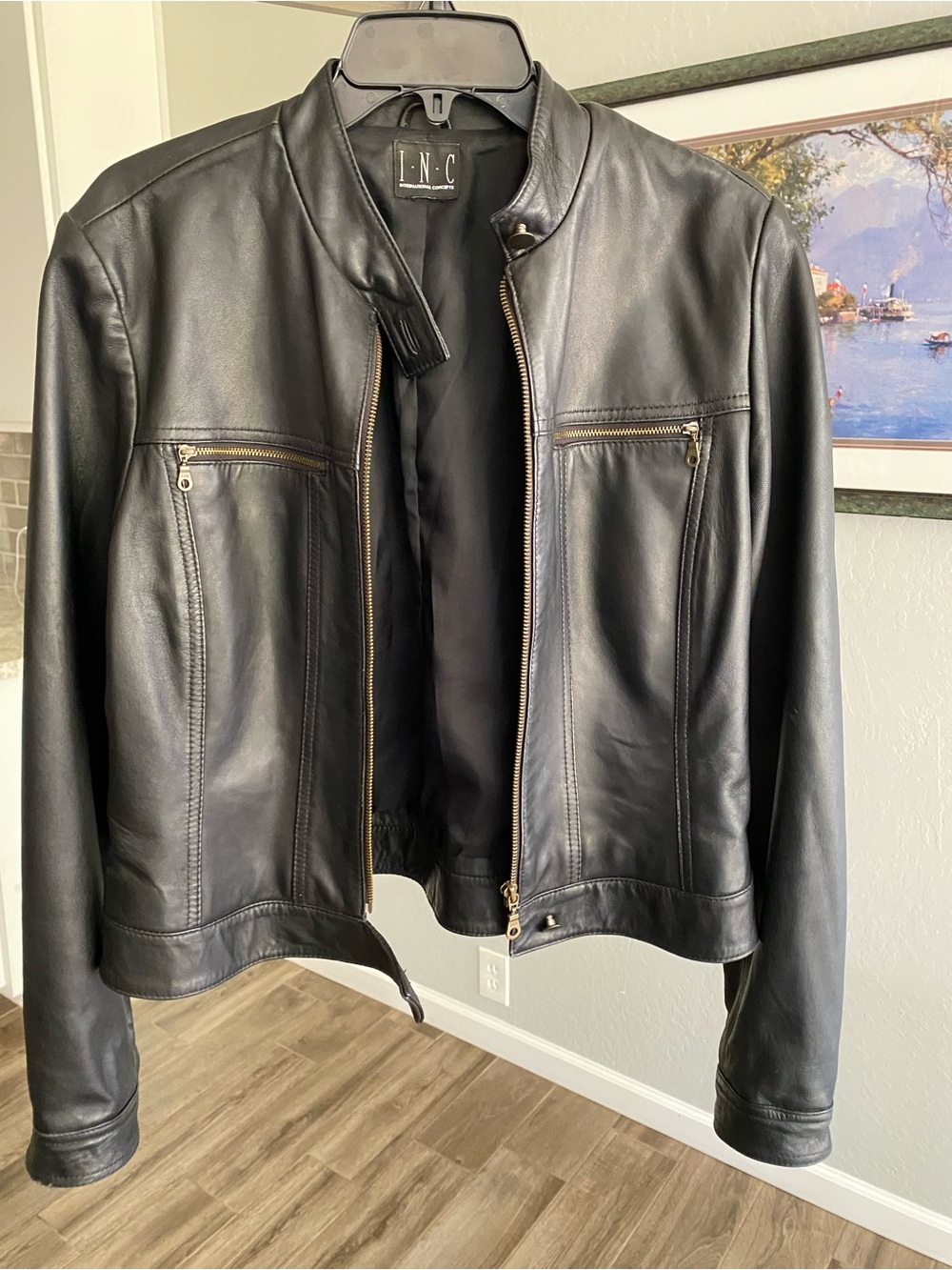 INC International Concepts Black Leather Moto Jacket with Gold Zippers